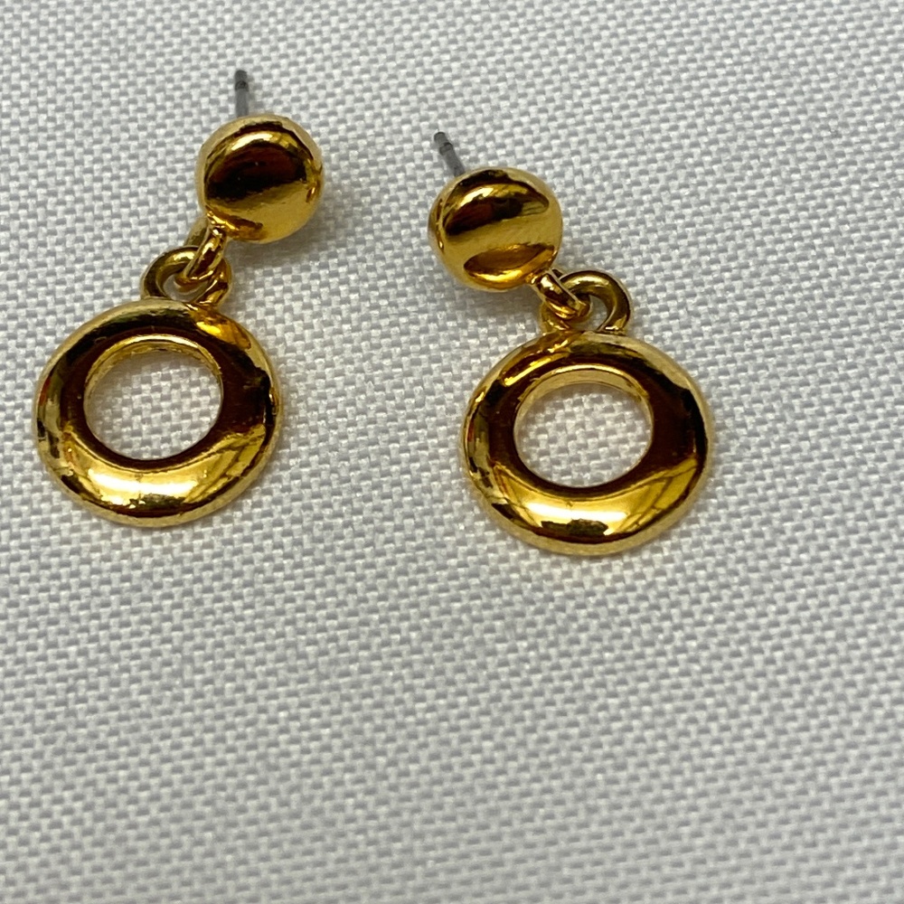 Gold Tone Round Dangle Drop Earrings Metal Butterfly Back No Stone Undated Era